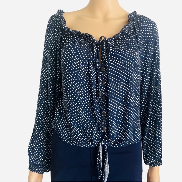 Jolt semi-formal/ casual top blouse M navy white polkadot ruched neck buttons - Picture 2 of 13